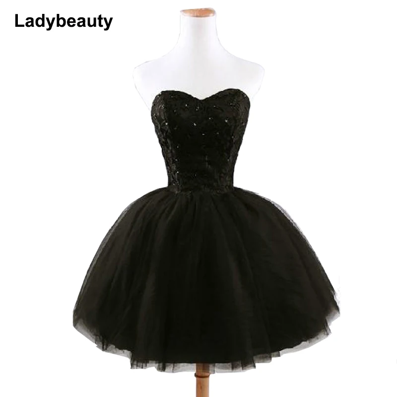New arrival elegant women short prom dress black lace up princess sweetheart beading fashion women black prom dress