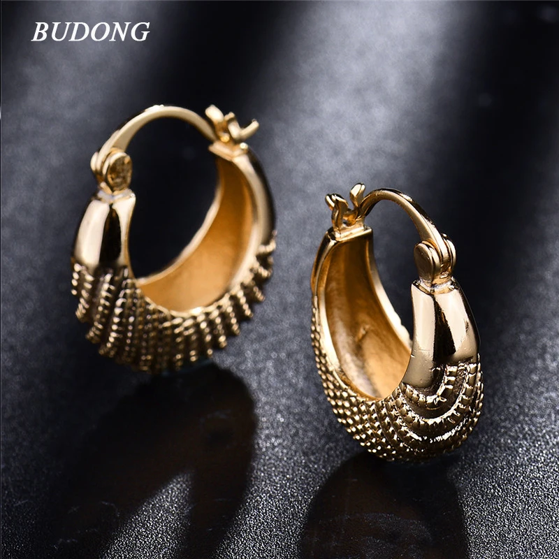 

BUDONG 3 colors Fashion Earrings Gold Color Hoop Earrings Basket Textural Snap Closure Round Earring for Women Jewelry XUE421