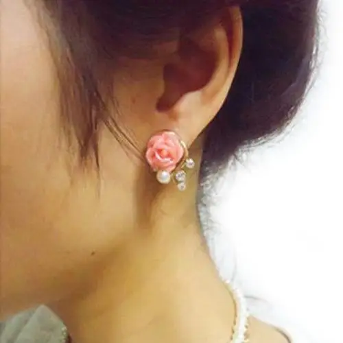 

1Pair Women's Korean Style Rose Shiny Rhinestone Faux Pearl Ear Studs Earrings stainless steel earrings fashion jewelry gift