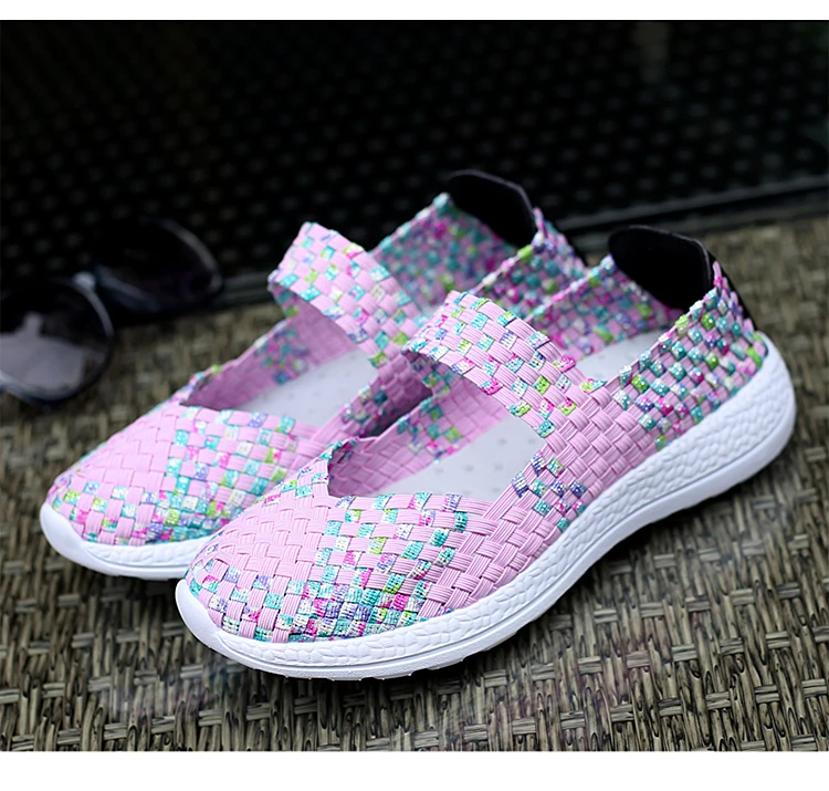 Womens Shoes Summer Sneakers Breathable Casual Flats Female Woven Shoes Slip On Ladies Loafers Handmade Sneakers Big Size 42