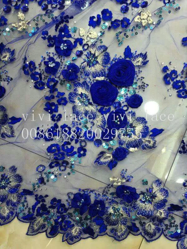 

xc007 royal blue 3d flower pearls stone net tulle mesh good nice french lace for show/wedding/evening dress/party.