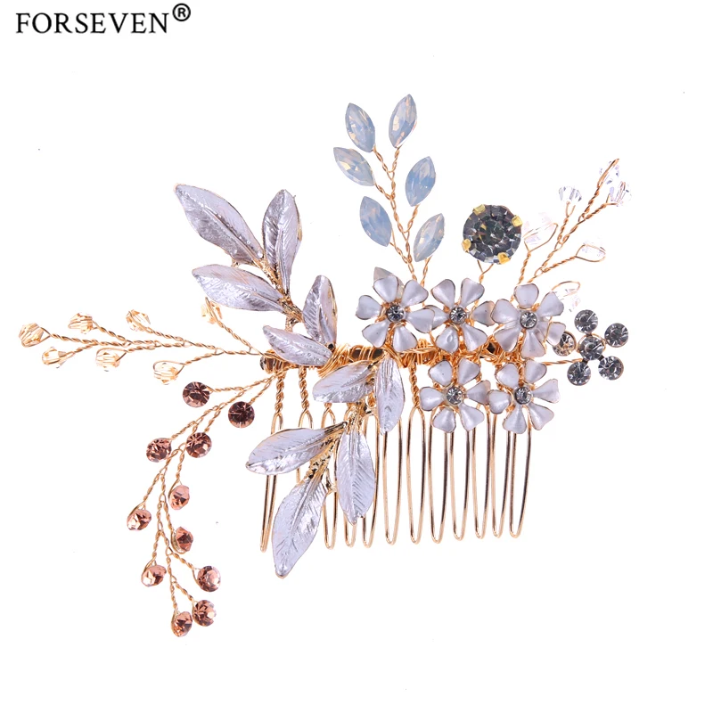 

Vintage Gold Wedding Hair Comb For Bride Handmade Flower Hair Accessories Rhinestone Head Pieces Hair Pins Ornaments