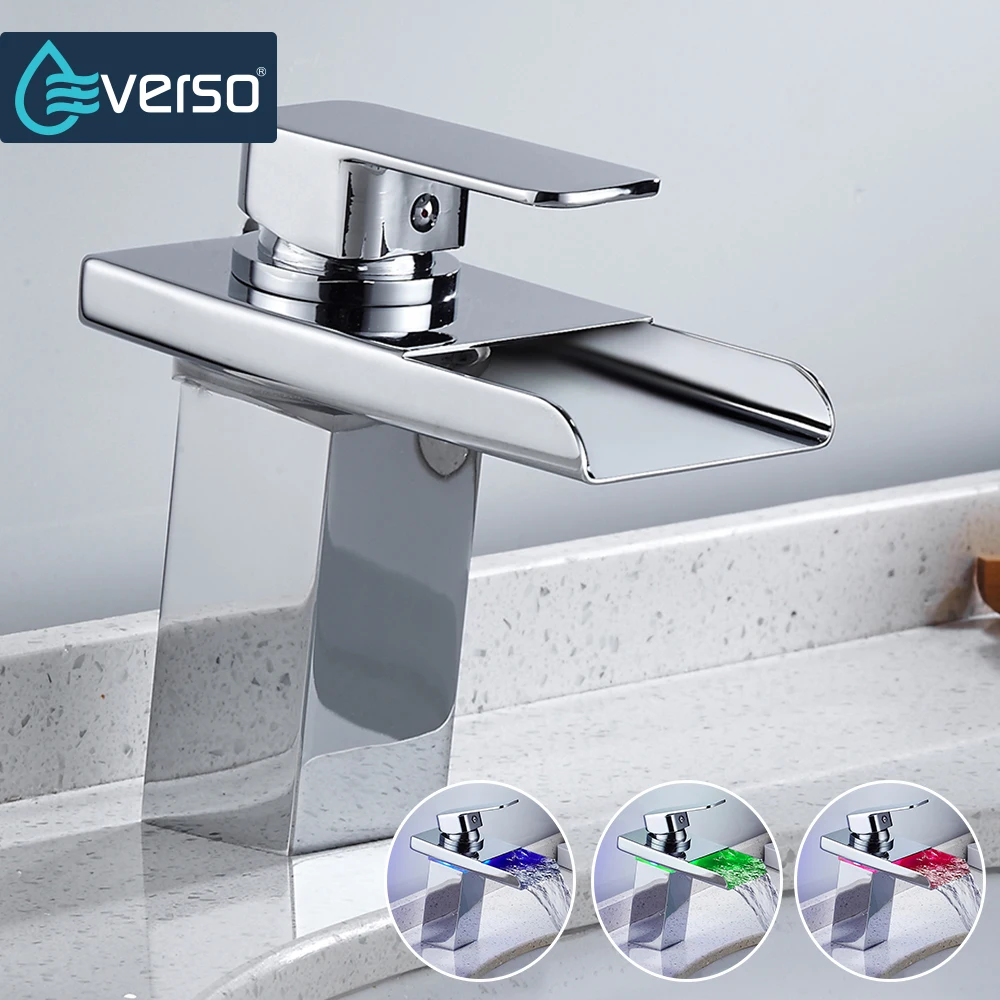 EVERSO Chrome Waterfall Basin Faucet LED Faucet Light Waterpower