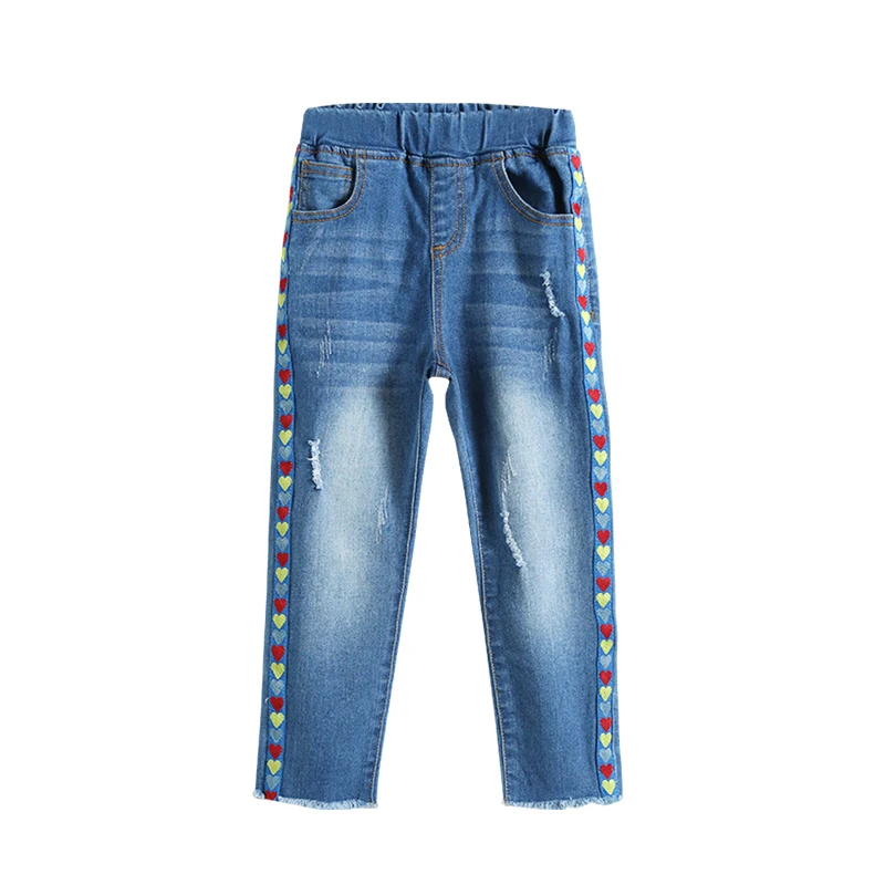 

Age 3-12 Years Fashion Spring Autumn Toddler Teenage Girls Denim Long Pants Love Embroidery Hole Kid Girl Jeans Children Trouser