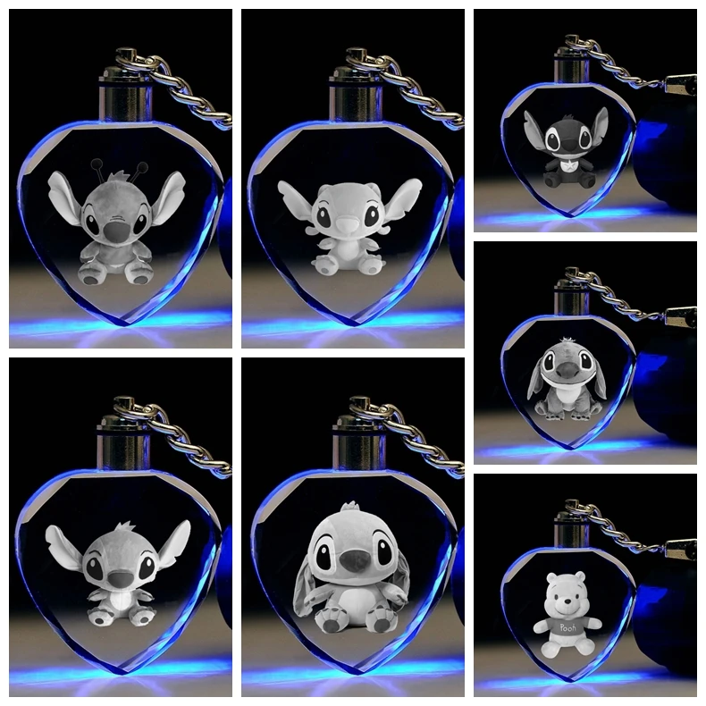 

STITCH Piglet Heart Shape Anime LED Key Chains LOGO model Keyring Crystal Toy Keychain Light Keyholder Unisex Gift lover