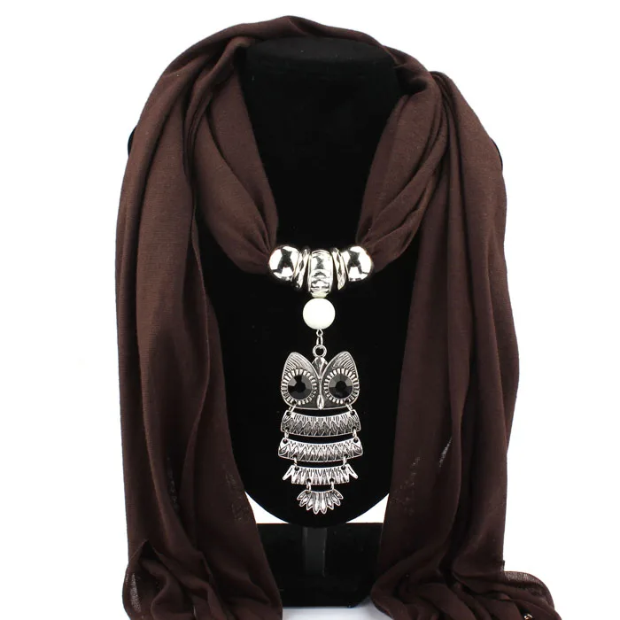 Autumn Scarf Women Necklace Scarves Luxury Owl Pendant Jewelry Tassels Scarf Winter Ladies Shawl Wraps Pashmina Bandana#LR10 - Color: Coffee