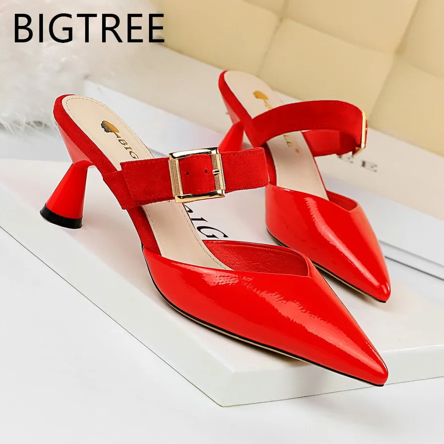 

2019 new mules shoes Women outside Slippers comfortable high heels ankle strap pointed toe PU leather fashion Summer Lady pumps