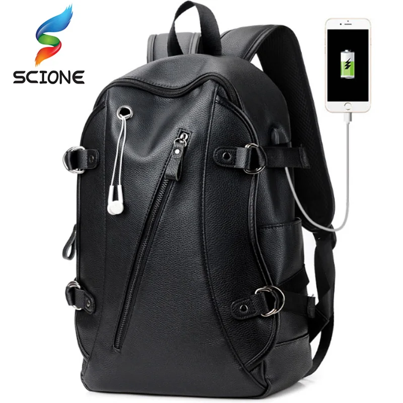 

Men's Leather Waterproof Large Laptop Training Gym Bag USB Charge Travel Backpack School Sports Shoulder Bags Mochila Masculina