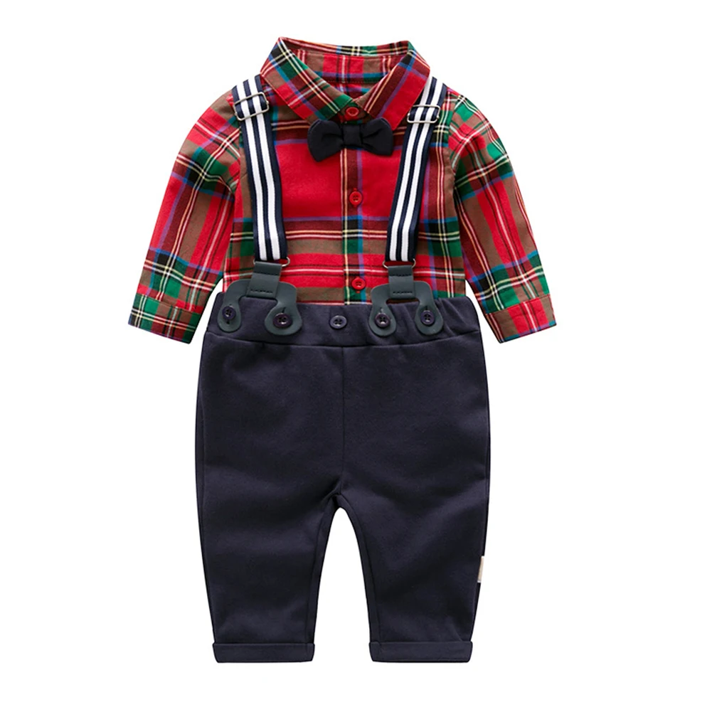 

2 Pcs Set Newborn Baby Boys Plaid Romper With Bow Tie And Bib Pants