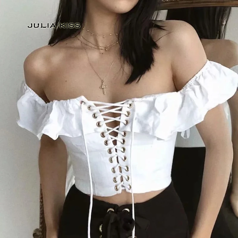 

Women Ruffles Crop Top with Eyelet And Lace Up Detail Frill Bardot Crop Blouse