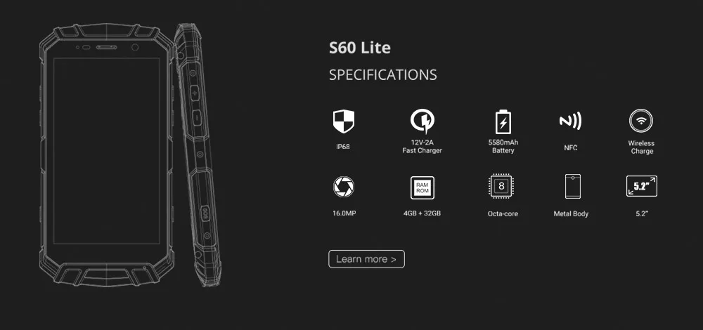 DOOGEE S60 Lite IP68 беспроводной зарядный смартфон 5580 мАч 12V2A Быстрая зарядка 16.0MP 5,2 ''FHD MTK6750T Восьмиядерный 4 Гб ram 32 Гб rom