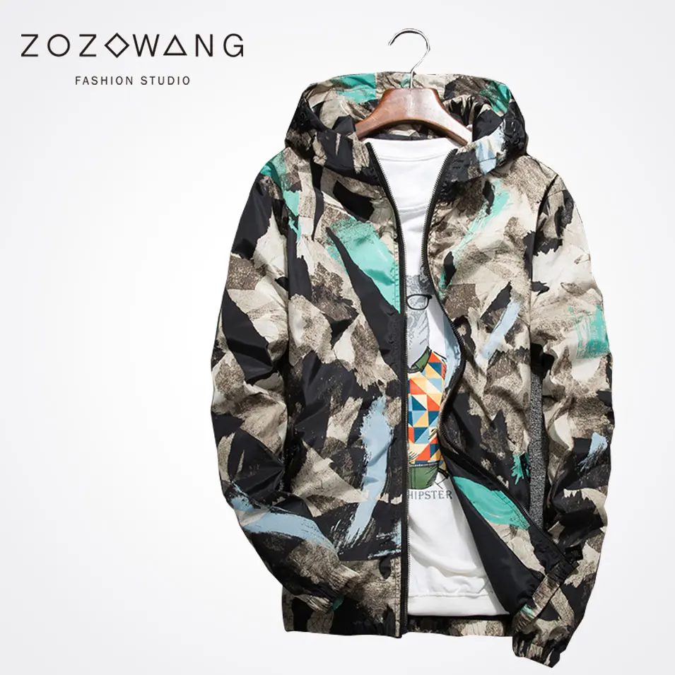 Zozowang new spring autumn plus size casual short jacket men high quality  print camouflage zipper hooded jacket coat men 