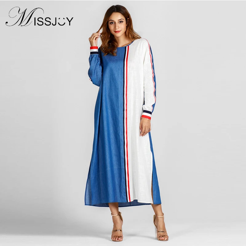 MISSJOY Исламская платья абайя для женщин с длинным рукавом полосатый Принт Свободные Повседневное элегантный мусульманский pakaian Макси