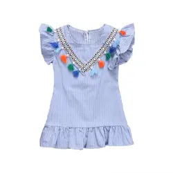 Милое летнее платье в стиле ретро для маленьких девочек Полосатые мини-платья с оборками и кисточками; сарафан; Vestidos; детская одежда; 1-6Y