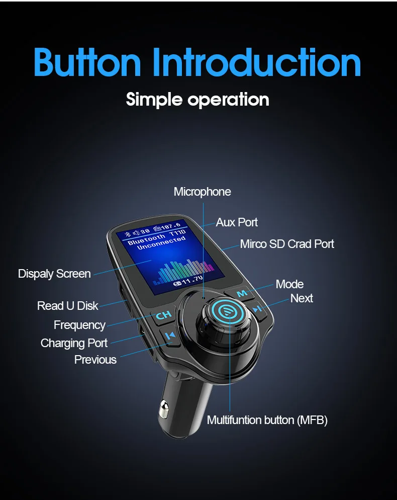 Беспроводной Bluetooth FM передатчик QC3.0 зарядных порта USB для автомобиля Зарядное устройство 1,8 дюймов Экран Дисплей Автомобильный MP3-плеер быстрой зарядки для Iphone