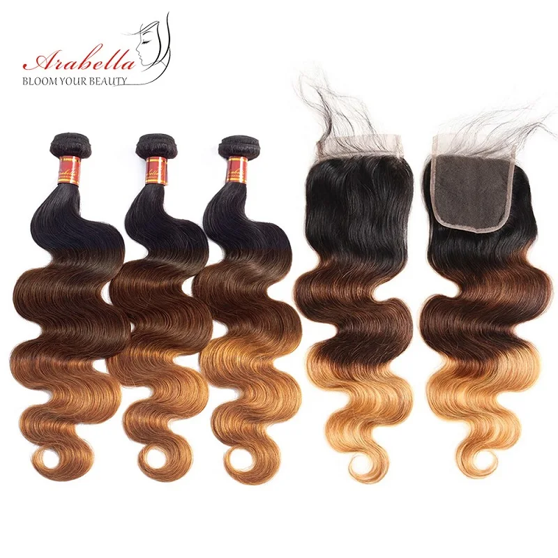 T1B/4/27 Ombre Brazilian Human Hair Bundles With 4x4 Transparent Lace Closure Arabella Body Wave Remy Hair Weave With Closure