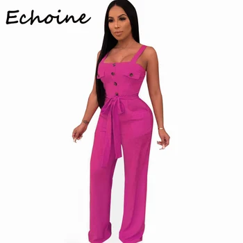 

Echoine Sexy Backless Bodysuit Sleeveless Spaghetti Straps Front Tie Button Long Wide Pants Romper Women Clothes 2019