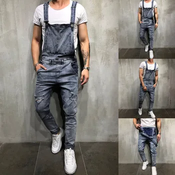 

2019 men's overall casual jumpsuit jeans washed hole pants hanging pants men's jeans Slim 3.22