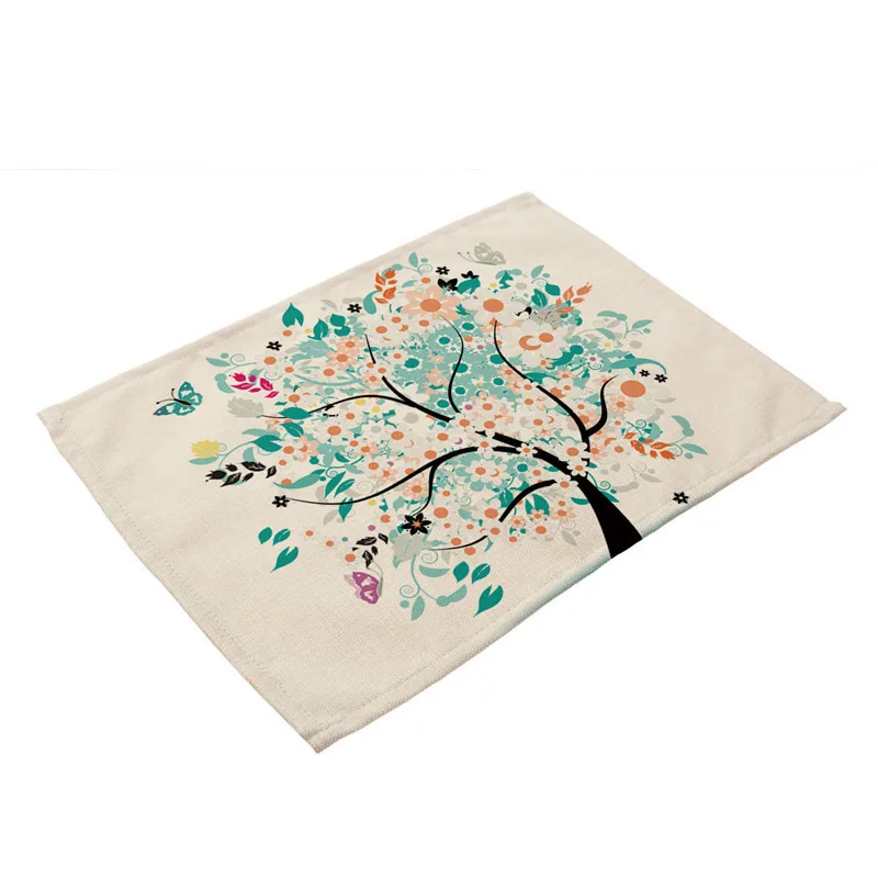 1Pcs Colorful Flower Tree Pattern Kitchen Placemat Coaster Dining Table Mat Cotton Linen Pad Cup Mats 42*32cm Home Decor MP0003 - Цвет: F