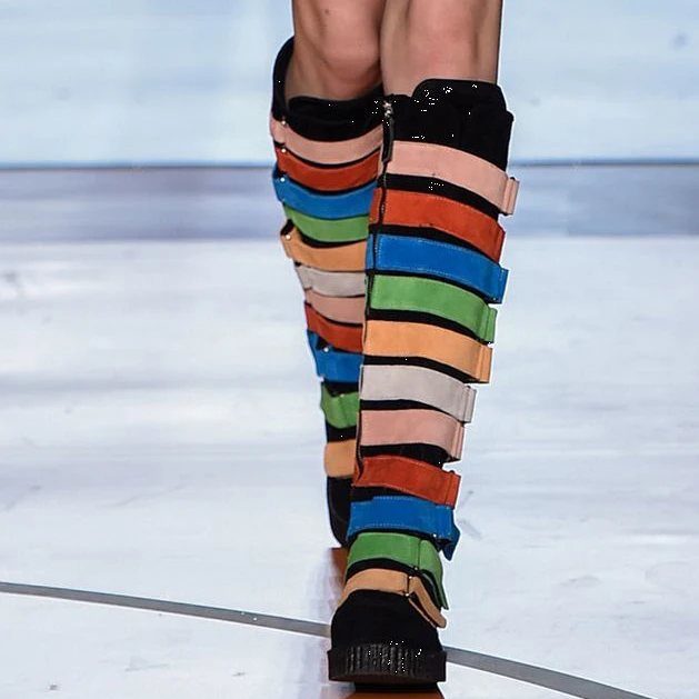 

Rainbow Color Women Boots Round Toe Women Flats Belt Buckle Design Long Booties Runway Super Star Shoes Knee High Boots Brand