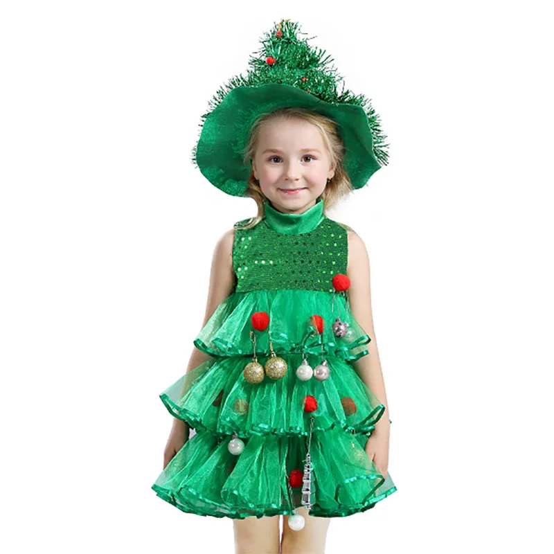 Baby Girls Cosplay Christmas Tree Dress Skirt Sleeveless Green Clothing