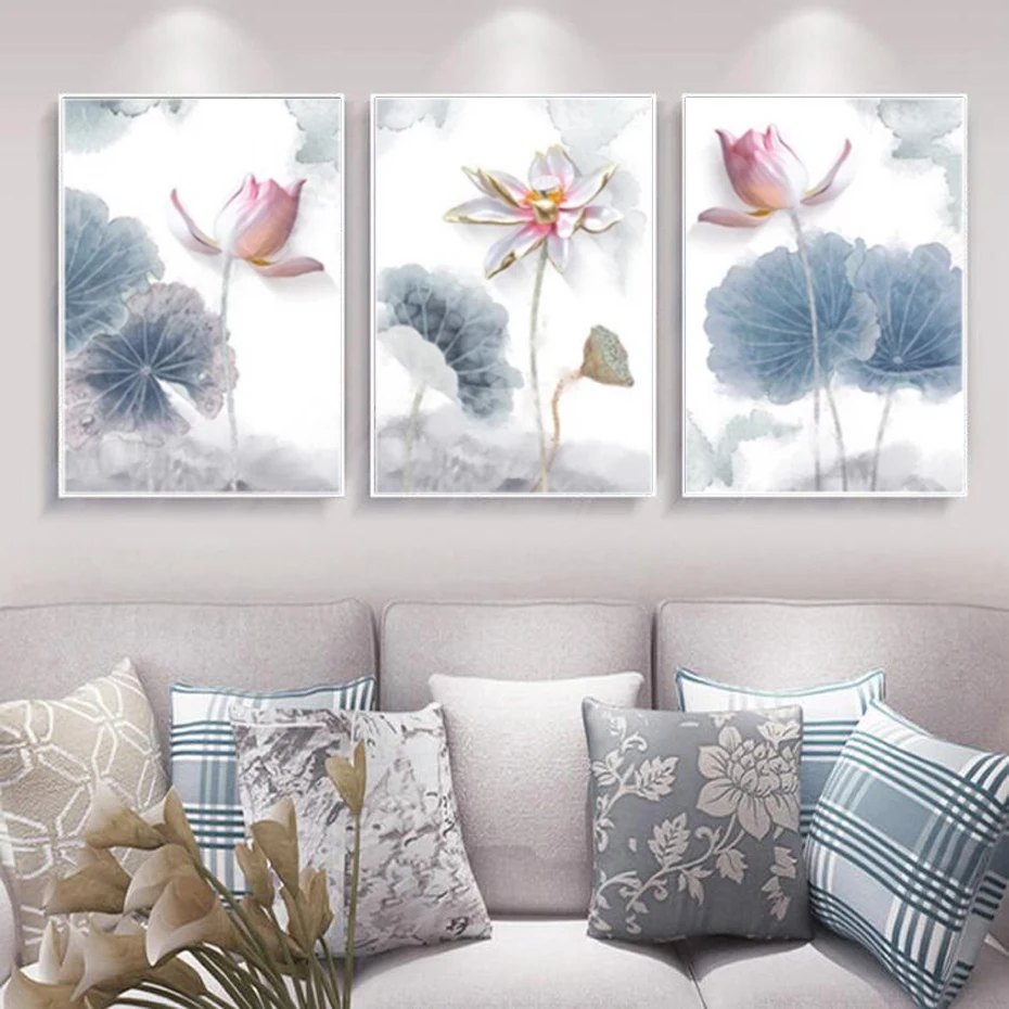 

Chinese Traditional Minimalist Black and Pink Ink Lotus Flowers Canvas Paintings Poster Print Wall Art Picture Living Room Decor