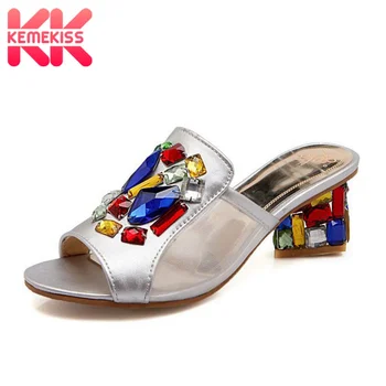 

KemeKiss Summer Women Sandals Rhinestone Slides 2019 Crystal High Heels Slippers Shoes Women Beach Vacation Shoes Size 32-43