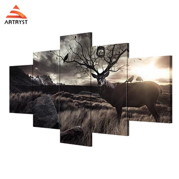 

Artryst 5 panel canvas HD print Deer horns trees painting for home decor living room wall art painting oil painting with frame
