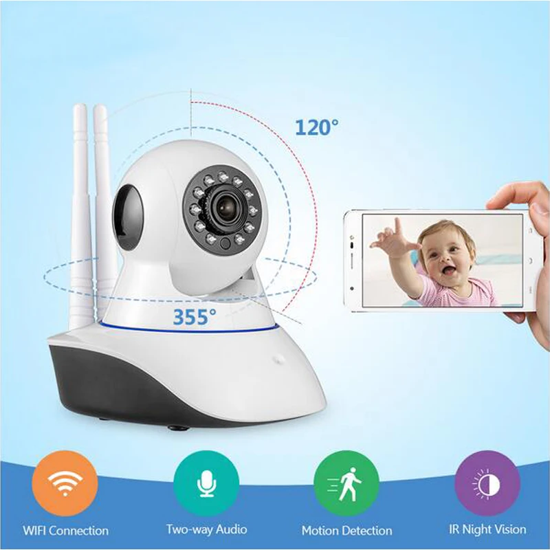Две антенны 720P HD Крытый WiFi домашняя камера безопасности сильный сигнал IR-Cut