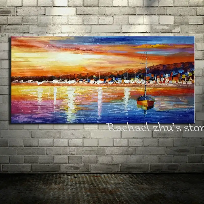 

Large Hand Painted Modern Abstract Sea Boats Seascape Oil Painting on Canvas Sunset Seascape Wall Pictures Pianting Home Decor