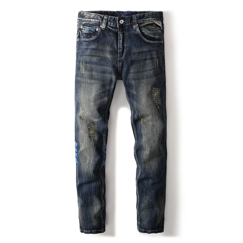 

European American Fashion Mens Jeans Retro Designer Vintage Denim Slim Fit Ripped Jeans For Men Printed Pants Brand Men Jeans
