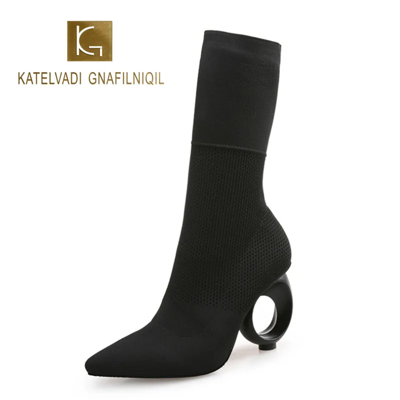 

KATELVADI Black Women Winter Ankle Boots Knitting 8CM Fretwork Heels Fashion Model Fashion Short Boots K-472