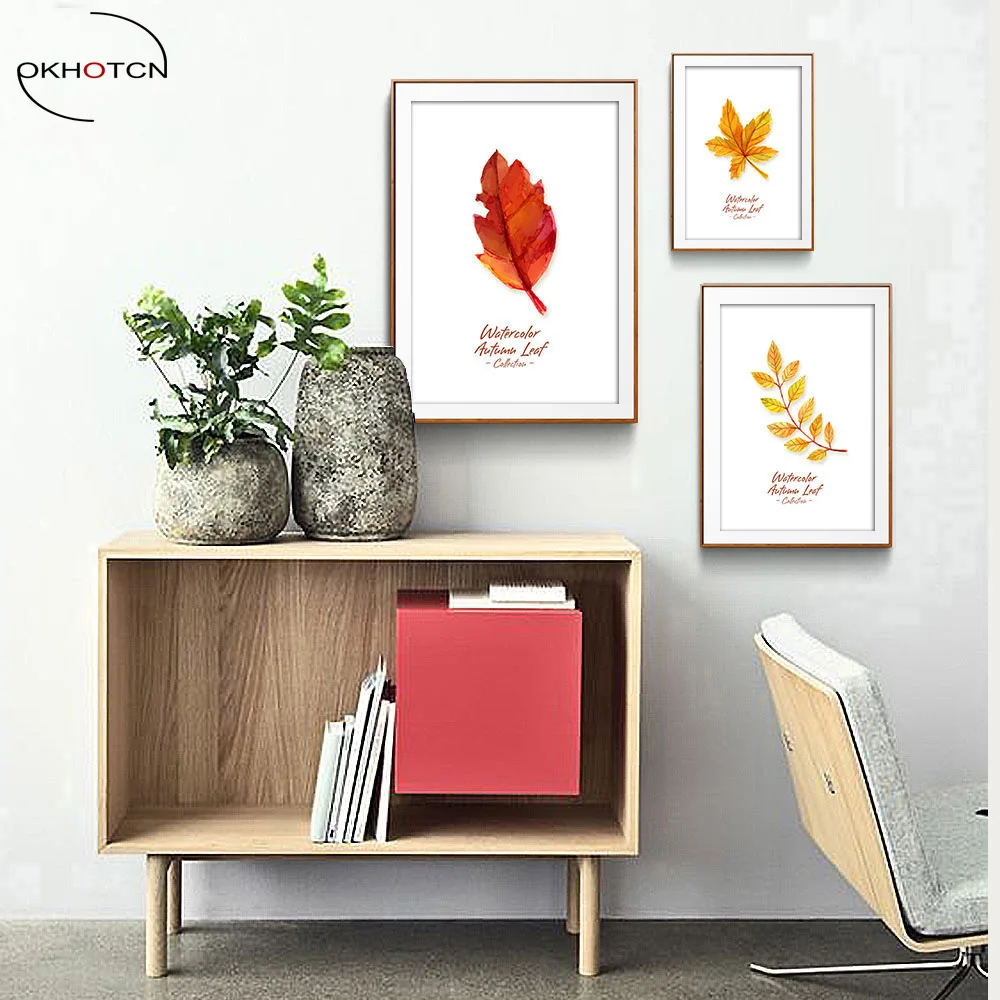 

Autumn Yellow Red Leaves Canvas Poster Watercolor Plant Nordic Art Minimalist Canvas Painting Wall Picture Print