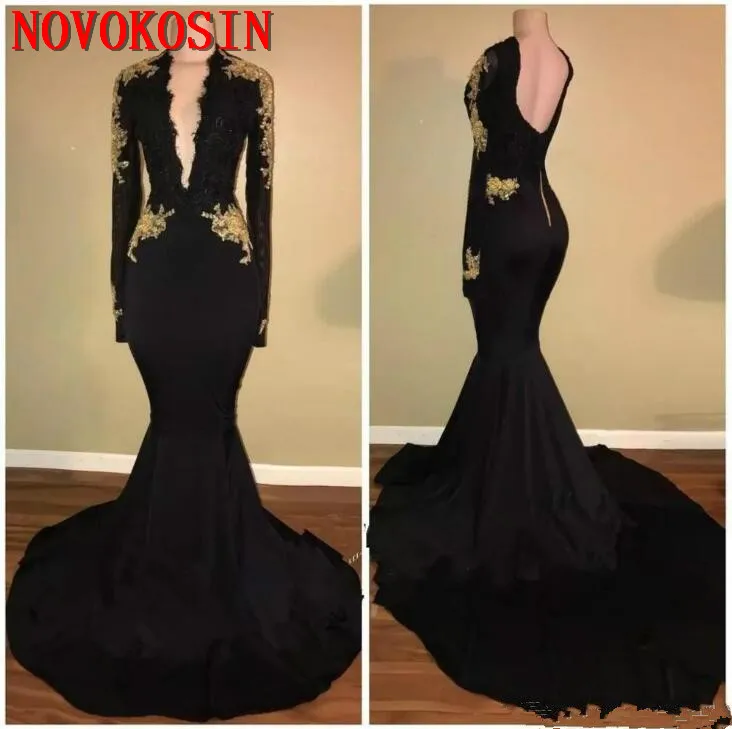 Черное платье-Русалка для выпускного вечера с глубоким V-образным вырезом и
