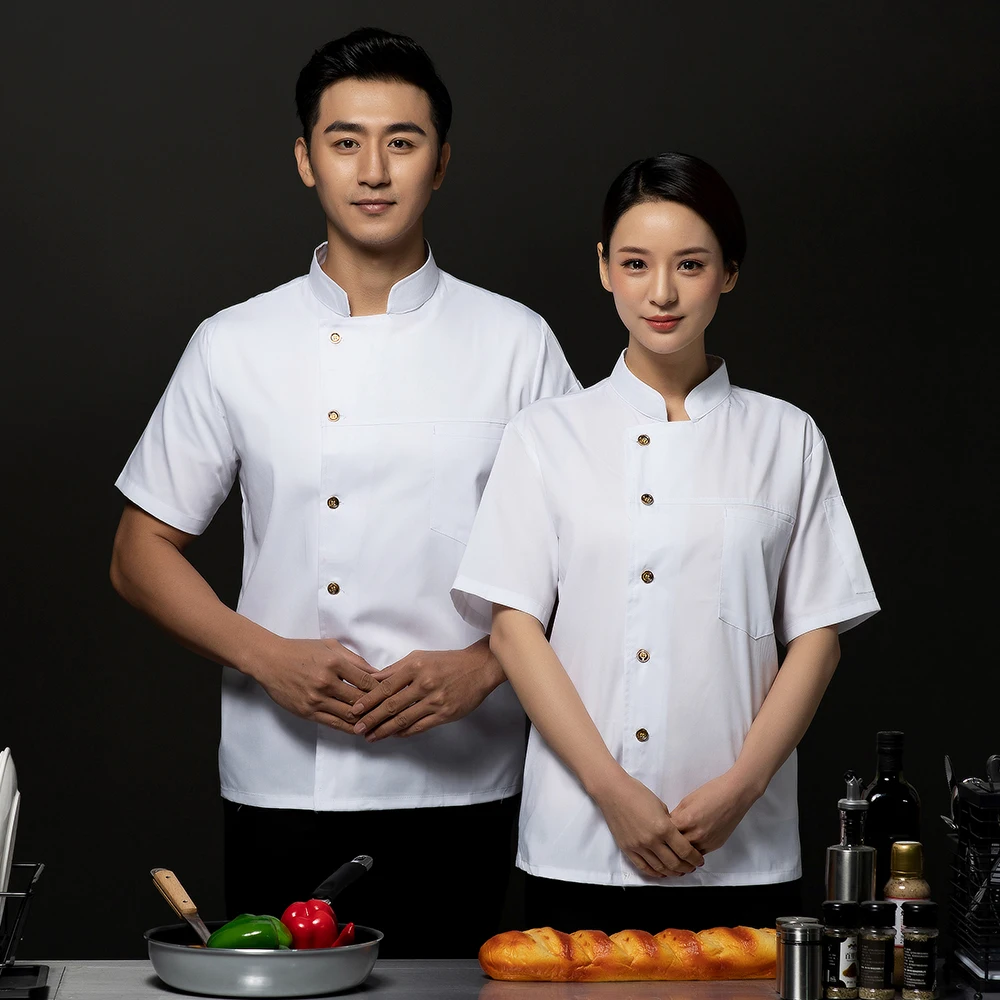White Шеф-повар униформа Ropa De Cocina короткий рукав куртка для повара для официантов и официанток отель Кофе магазин Открытая Летняя обувь Рабочая одежда пальто - Цвет: White
