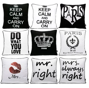 

Modern Black And White Cushion Cover English Letters HAPPY LOVE PARIS MR RIGHT Cushion Covers Mustache Lips Print Pillow Case