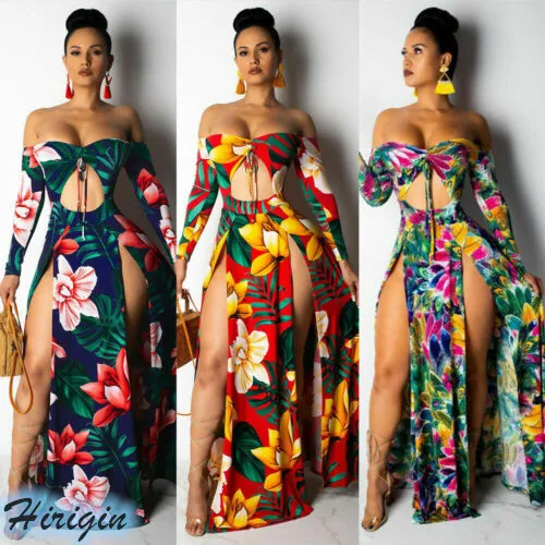 

Summer Dresses 2019 New Women Summer Sexy Slash Neck Off Shoulder Long Sleeve Skinny High Waist Floral Split Dress