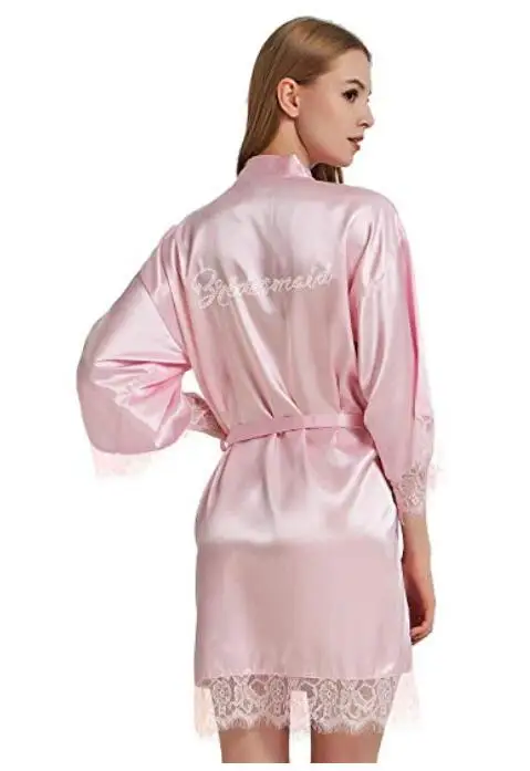 Satin Faux Silk Wedding Bride Bridesmaid Robes,White Bridal Dressing Gown/ Kimono Bathrobes,"BRIDE""BRIDE MAID" Graphic on Back