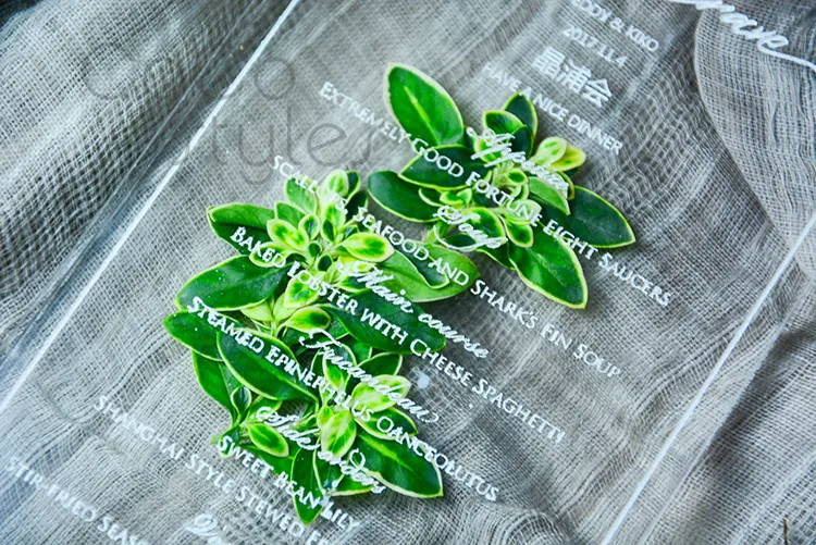  Cocostyles bespoke unique acrylic double layer greenery invitation card with engraving for lawn wed - 32855940717