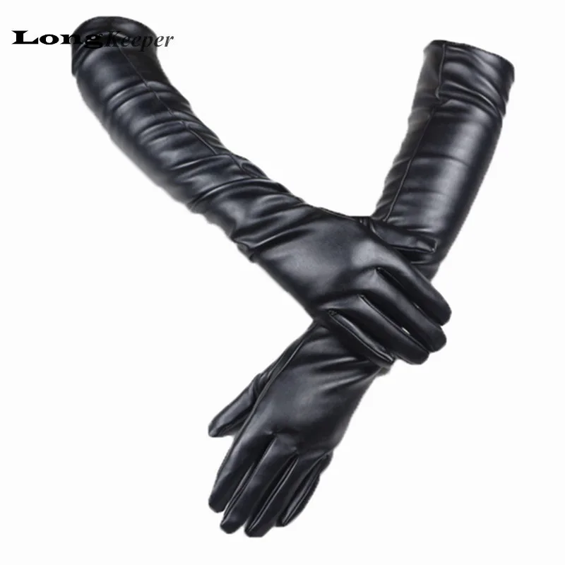 LongKeeper Sexy Women Winter Leather Gloves Full Finger 50cm Elbow Long