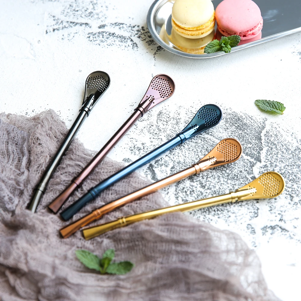 304 Stainless Steel Creative Spoon Drinking Straws Bent Filter Straw Drink Mate Tea Bar Coffee Spoons Luxury Cultery Accessories