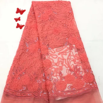 

3D applique tulle red lace fabric, African lace embroidered fabric wedding dress, sequins luxury African lace RF2751