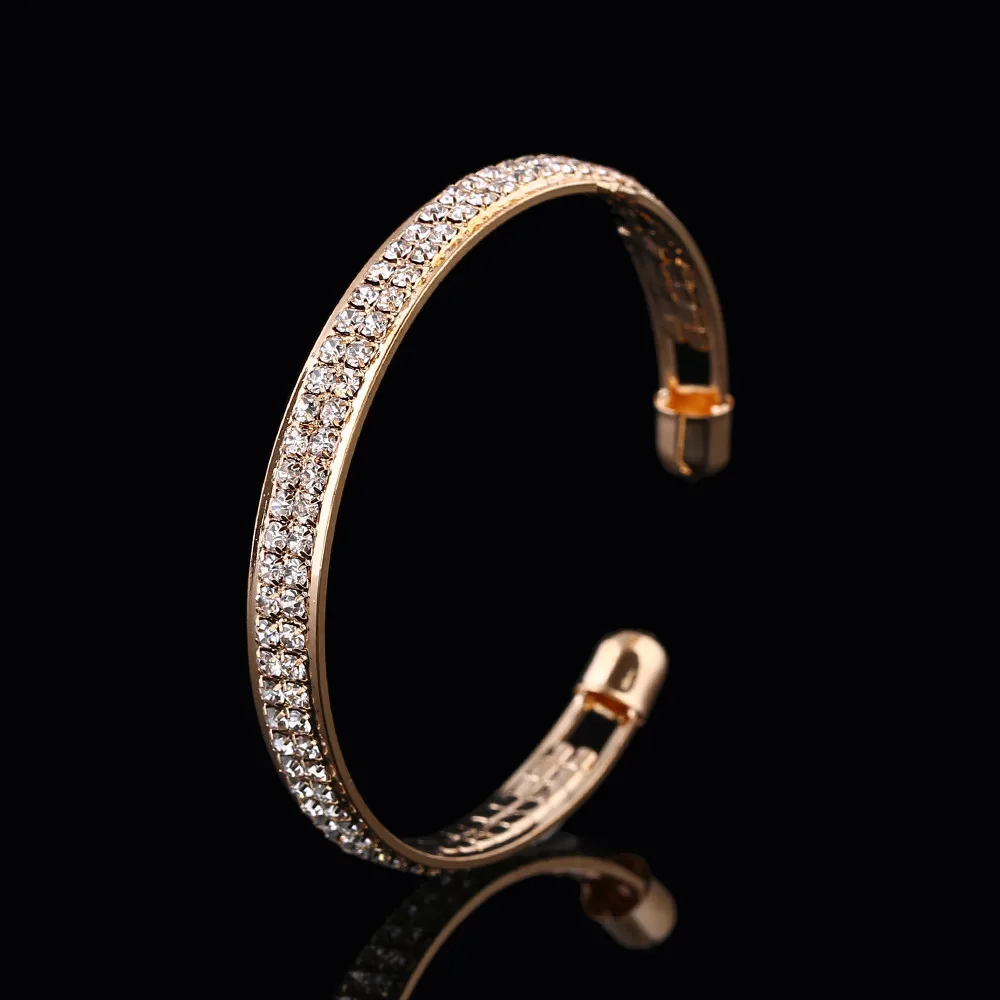 Womens Fashion Gold Crystal Rhinestone Open Bangle Cuff Bracelet