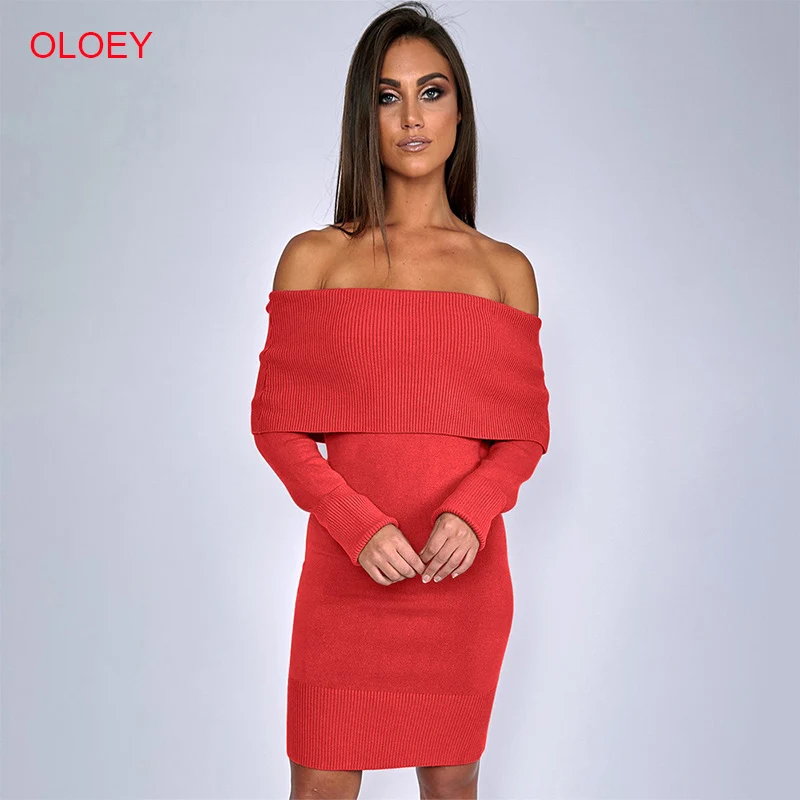 OLOEY 2019 Autumn Hot New Sweater Short Dress Sexy Slash Neck Knit Mini Loose One Color Long Puff Sleeve Dresses With Sashes