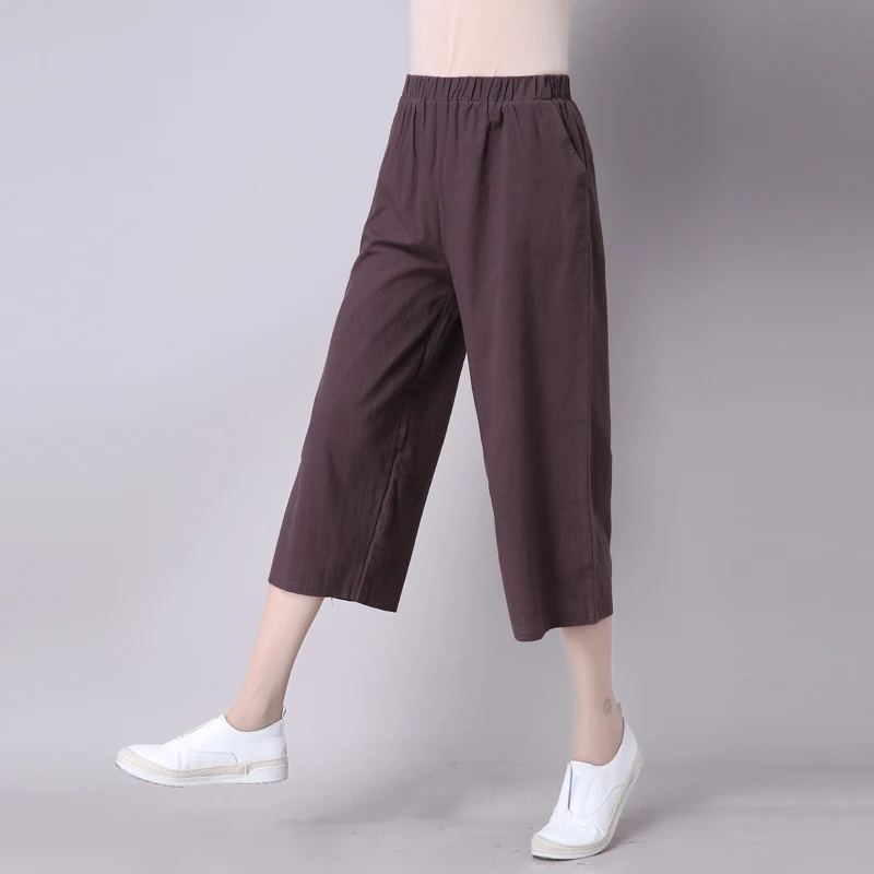 Летние повседневные женские брюки из хлопка и льна, широкие брюки, одноцветные, плюс размер, укороченные брюки, женские свободные брюки с эластичной резинкой на талии, YL255 - Цвет: Коричневый