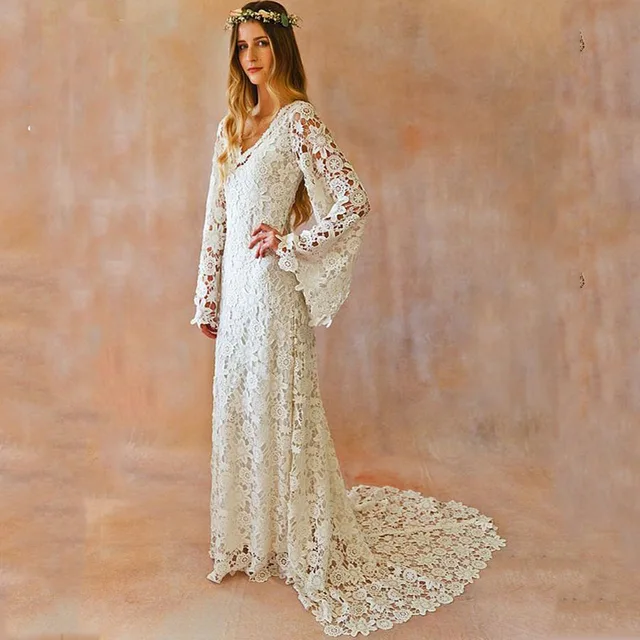 boho vestidos de novia mangas acampanadas largas hasta el suelo de
