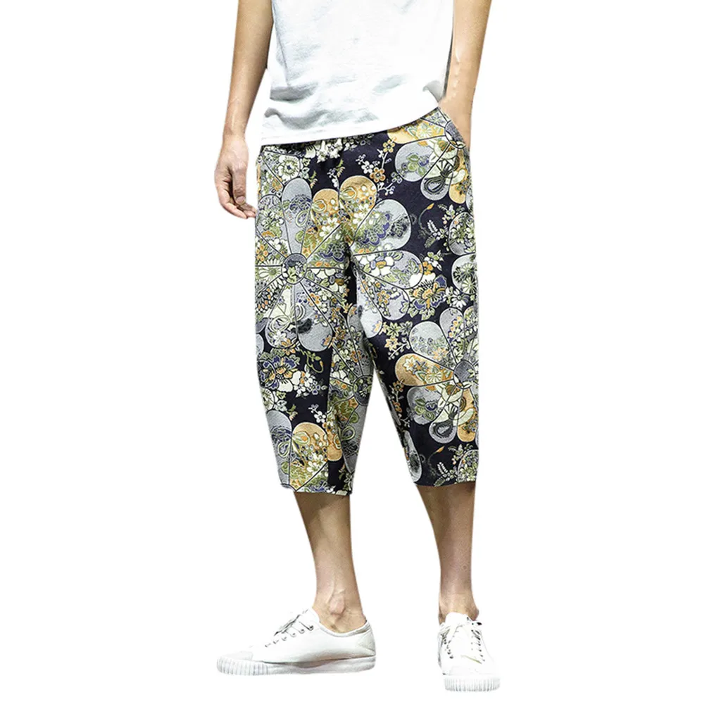 

2019 Spring And Summer Men's Wide Crotch Harem Cotton Linen Blue Wide-legged Bloomers Baggy Cropped Trousers Plus Size L415A