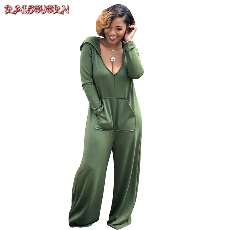 

RAISEVERN 2018 Autumn New Ladies Casual Loose Cotton Black Hooded Jumpsuit Solid Women's Pockets Deep V-Neck Plus Size Jumpsuits