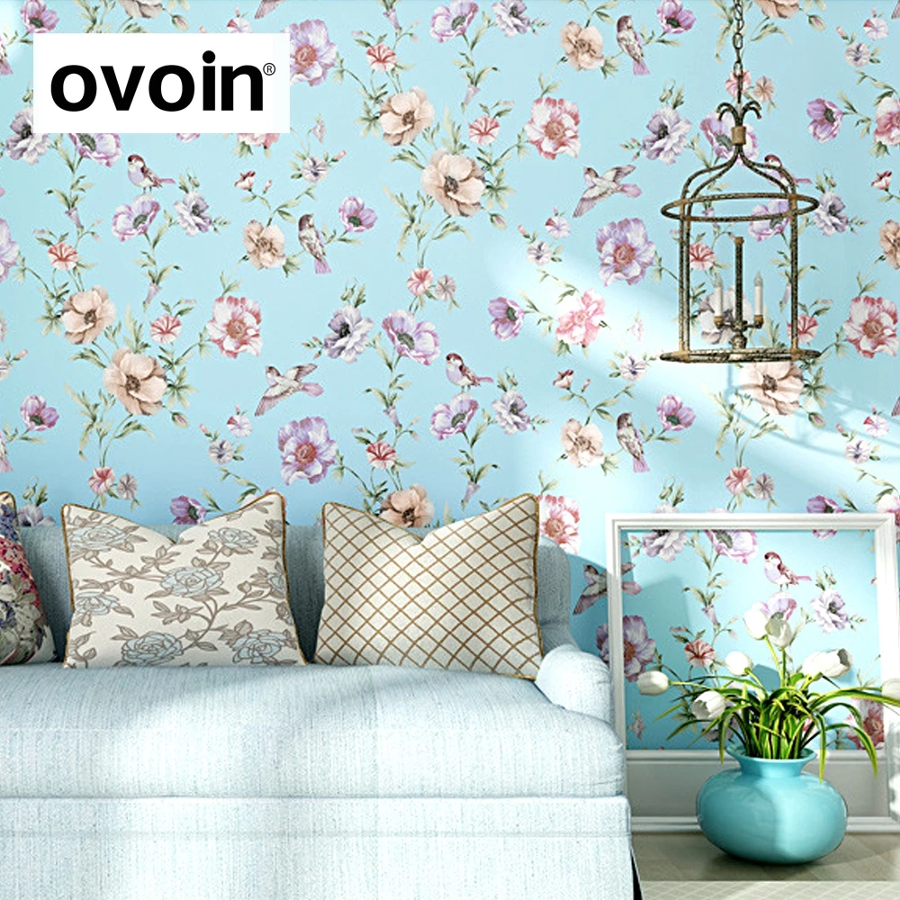 アメリカのカントリースタイルの鳥と花ブルーピンクベージュ淡黄色壁紙高品質のためのリビングルームのベッド Light Blue Prom Dress Wallpaper Chineselight Magnifier Aliexpress