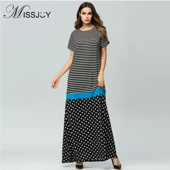 

MISSJOY Striped wave point new fashion stitching loose dress 2018 Summer patchwork Fashion temperament Casual O-Neck long dress